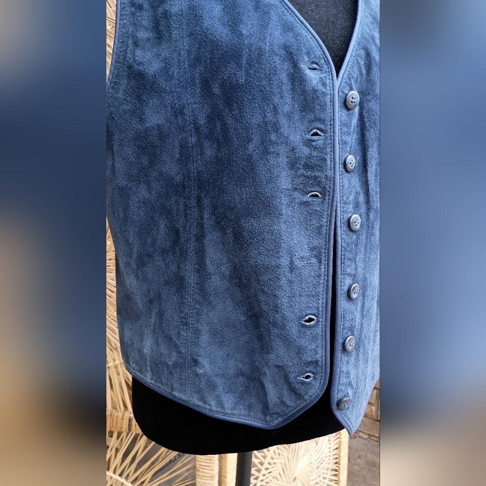 Vintage 90s Marsh Landing Blue Suede Leather Button-Up Vest_Med - Picture 2 of 6